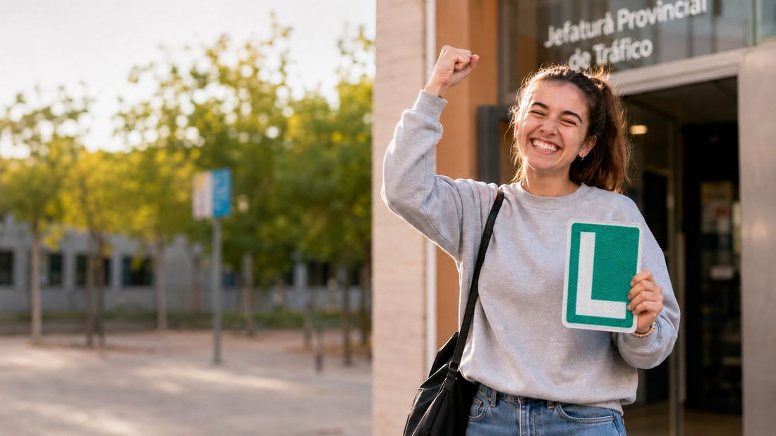Una chica joven celebra con el puño en alto tras aprobar el examen, sosteniendo la placa L de conductor novel