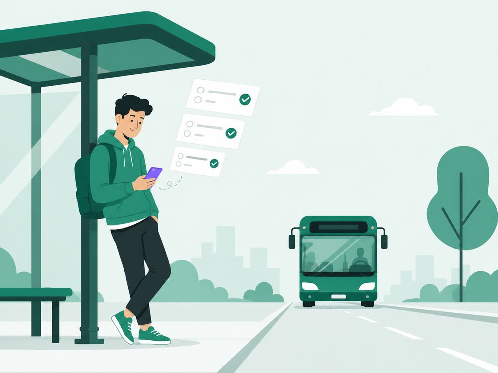 Ilustración de un chico esperando el autobús mientras responde preguntas en el móvil