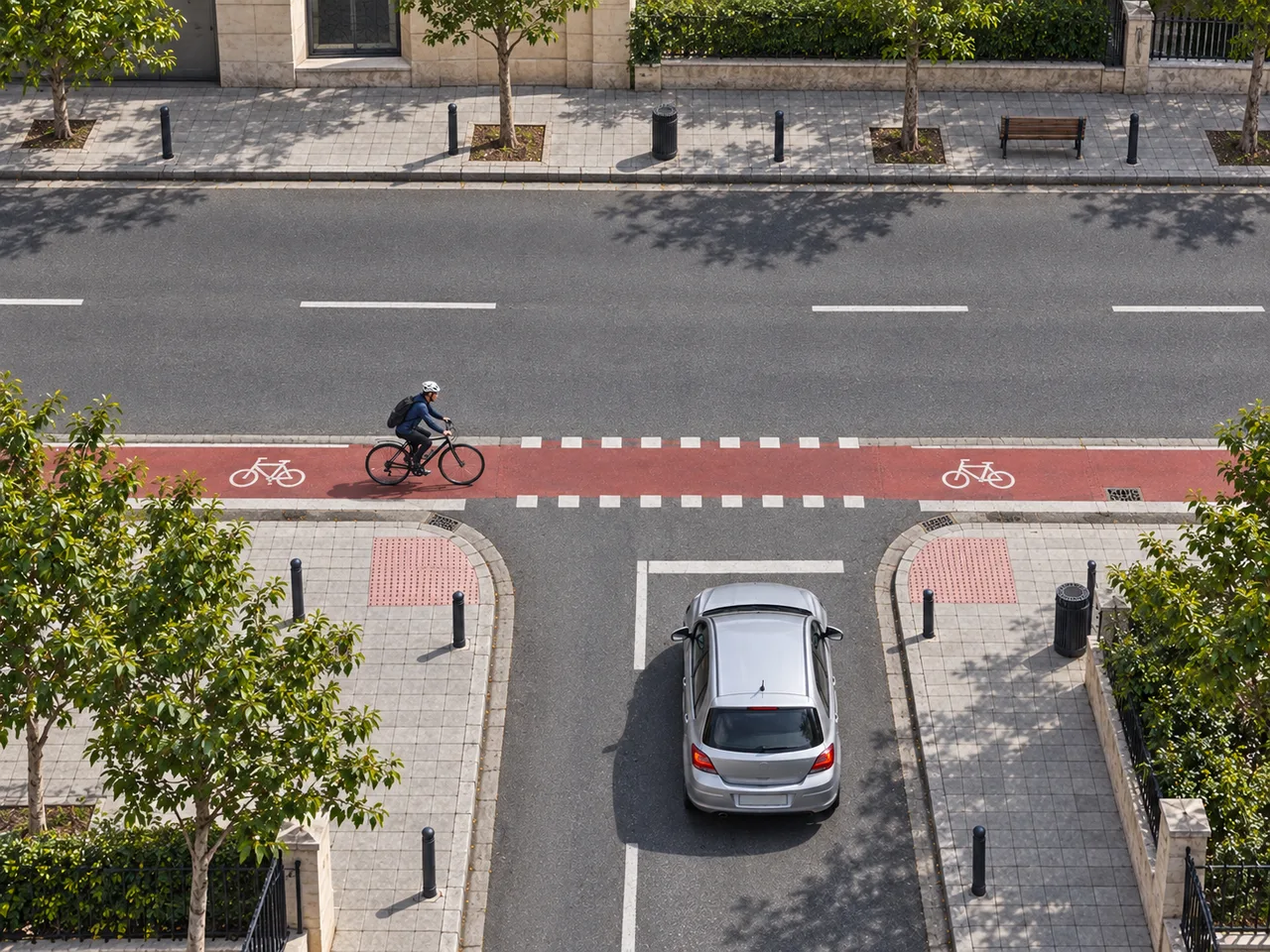 Imagen de la pregunta: Para entrar en la vía principal hay que atravesar un carril bici señalizado. ¿Quién tiene prioridad?