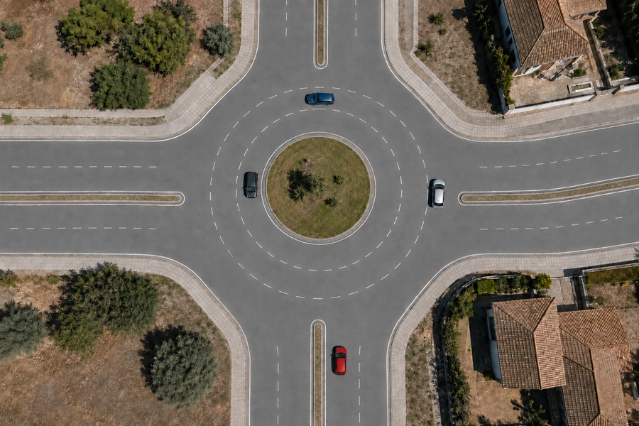 Imagen de la pregunta: En una glorieta de tres carriles, ¿desde qué carril debe abandonarse como norma general?