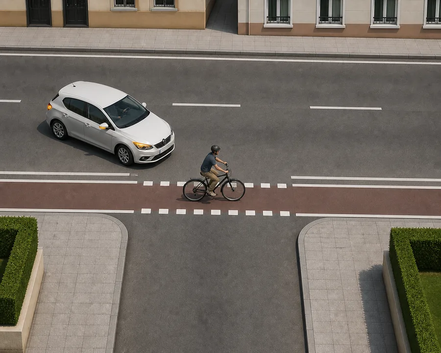 Imagen de la pregunta: Según la señalización y la posición mostradas, ¿quién tiene preferencia: el turismo o la bicicleta?